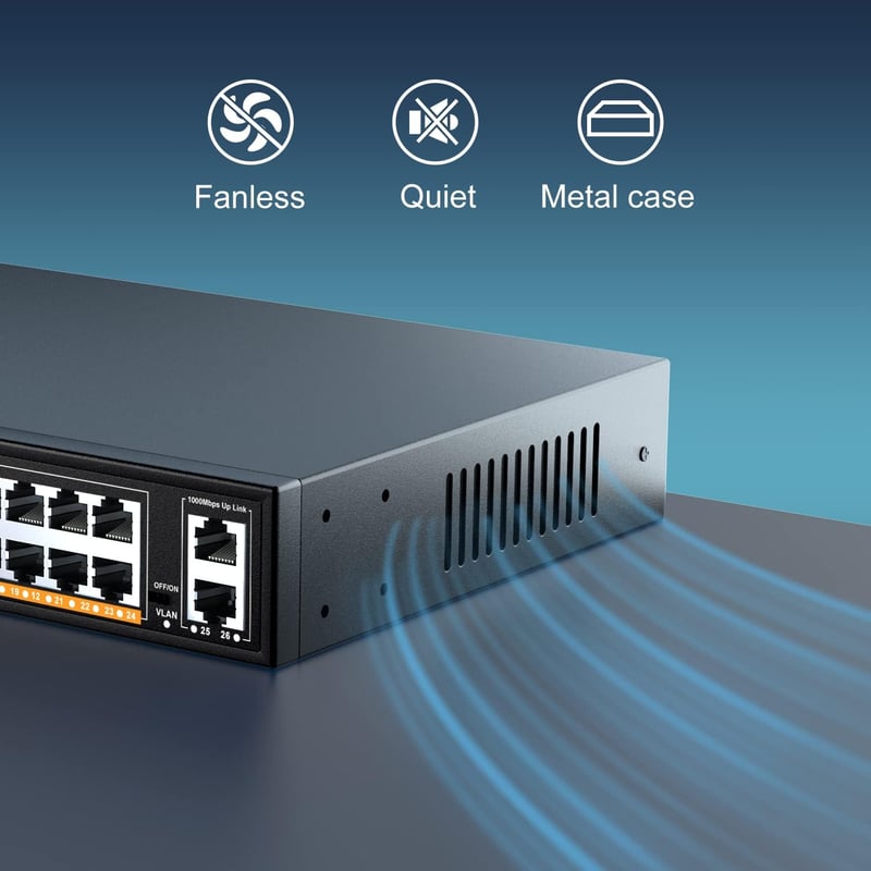 VIMIN 26-Port Gigabit Ethernet Switch 2 Uplink Porttal, 24-Port Menedzseletlen Hálózati Switch, VLAN, IEEE802.3af/at, Fém Ház, Asztali/Rack - 26 Port | 24xEthernet Port | 2xUPLink