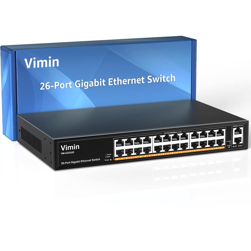 VIMIN 26-portový Gigabit Ethernet Switch s 2 uplink portami, 24-portový neriadený sieťový switch, VLAN, IEEE802.3af/at, kovové prevedenie, desktop/rack