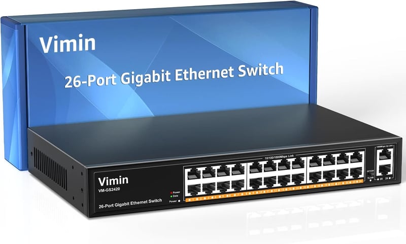 VIMIN 26-Port Gigabit Ethernet Switch 2 Uplink Porttal, 24-Port Menedzseletlen Hálózati Switch, VLAN, IEEE802.3af/at, Fém Ház, Asztali/Rack - 26 Port | 24xEthernet Port | 2xUPLink