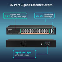 VIMIN 26-Port Gigabit Ethernet Switch 2 Uplink Porttal, 24-Port Menedzseletlen Hálózati Switch, VLAN, IEEE802.3af/at, Fém Ház, Asztali/Rack - 26 Port | 24xEthernet Port | 2xUPLink 2