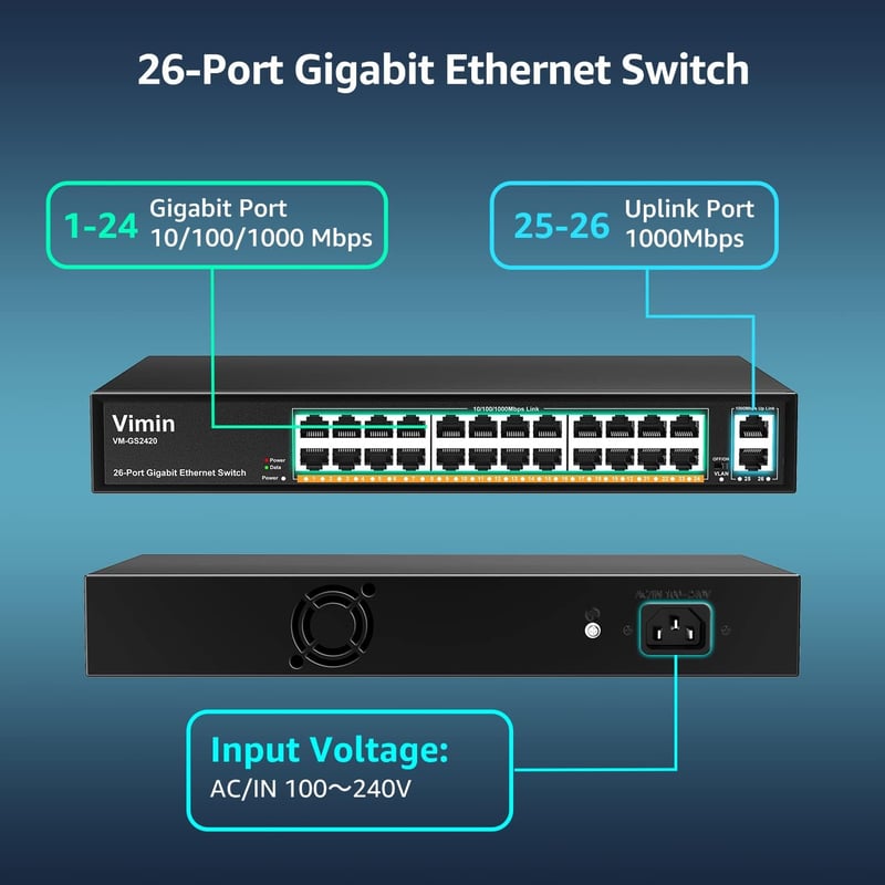 VIMIN 26-Port Gigabit Ethernet Switch 2 Uplink Porttal, 24-Port Menedzseletlen Hálózati Switch, VLAN, IEEE802.3af/at, Fém Ház, Asztali/Rack - 26 Port | 24xEthernet Port | 2xUPLink