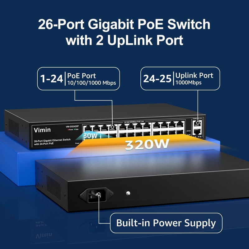 VIMIN 26 portos Gigabit PoE switch 24 PoE 2 uplink 320W IEEE802.3af/at VLAN rack vagy fali Plug and Play
