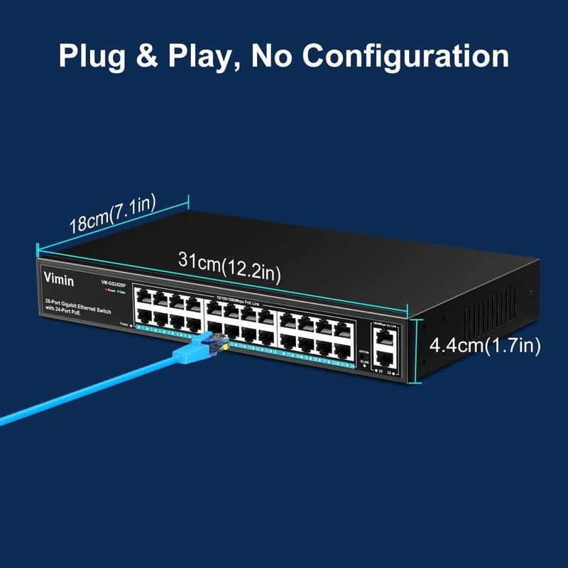 VIMIN 26 portos Gigabit PoE switch 24 PoE 2 uplink 320W IEEE802.3af/at VLAN rack vagy fali Plug and Play