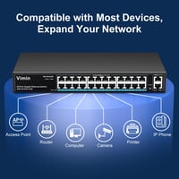VIMIN 26 portos Gigabit PoE switch 24 PoE 2 uplink 320W IEEE802.3af/at VLAN rack vagy fali Plug and Play 3