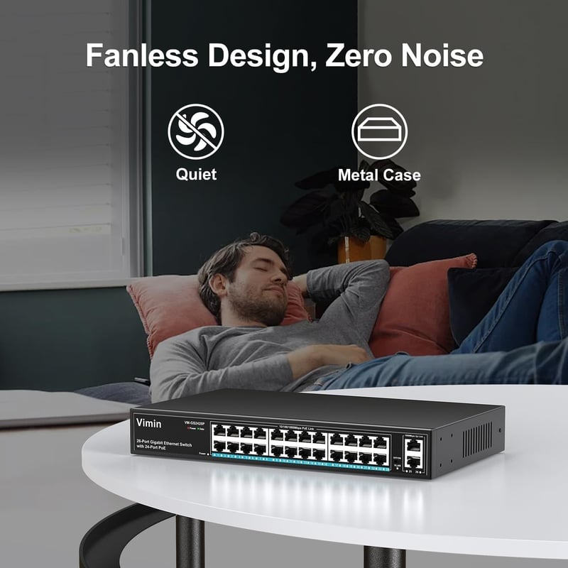 VIMIN 26 portos Gigabit PoE switch 24 PoE 2 uplink 320W IEEE802.3af/at VLAN rack vagy fali Plug and Play