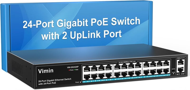VIMIN 26 portos Gigabit PoE switch 24 PoE 2 uplink 320W IEEE802.3af/at VLAN rack vagy fali Plug and Play