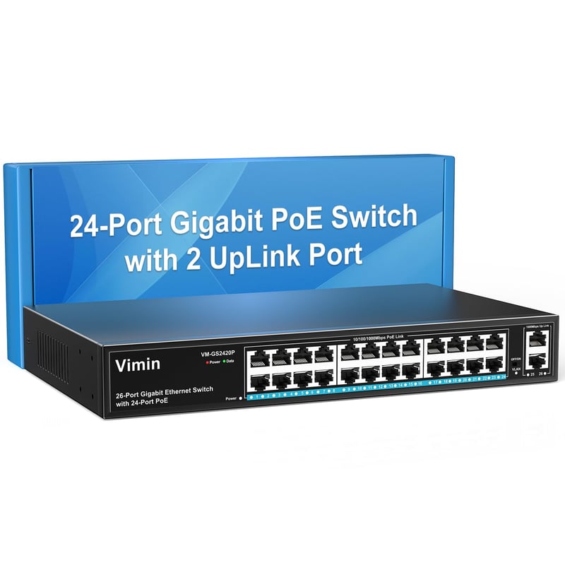 VIMIN 26-portni gigabitni PoE preklopnik – 24xPoE, 2 uplink, 320W, VLAN, rack-mount