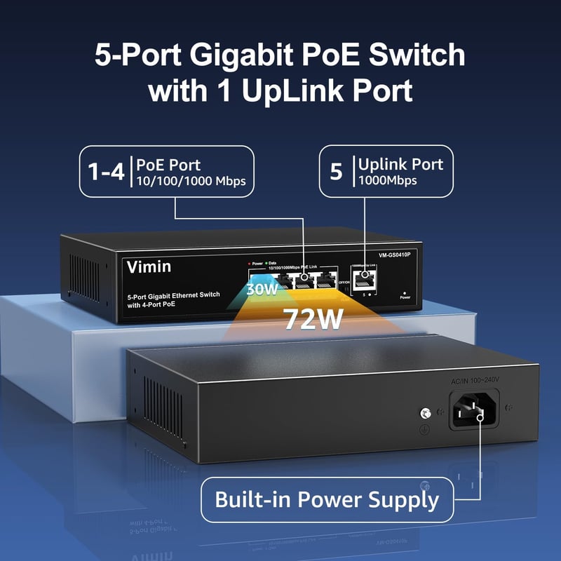 VIMIN 5-Port Gigabit PoE Switch - 4 PoE+ Port (IEEE802.3af/at) + 1 Uplink Port, 72W, VLAN Funkcióval, Asztali/Fali Rögzítés, Plug&Play