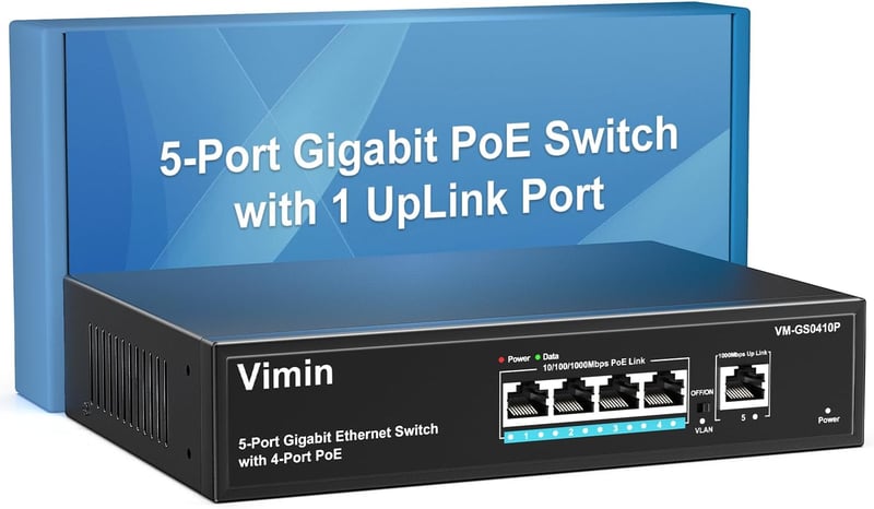VIMIN 5-Port Gigabit PoE Switch - 4 PoE+ Port (IEEE802.3af/at) + 1 Uplink Port, 72W, VLAN Funkcióval, Asztali/Fali Rögzítés, Plug&Play
