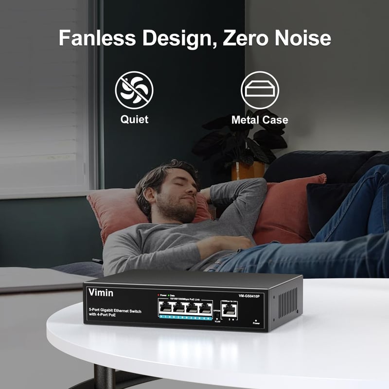 VIMIN 5-Port Gigabit PoE Switch - 4 PoE+ Port (IEEE802.3af/at) + 1 Uplink Port, 72W, VLAN Funkcióval, Asztali/Fali Rögzítés, Plug&Play