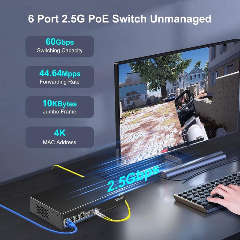 VIMIN 6 portos 2.5G PoE Switch, 4x 2.5GBase-T + 2x 10Gbps SFP, 60Gbps