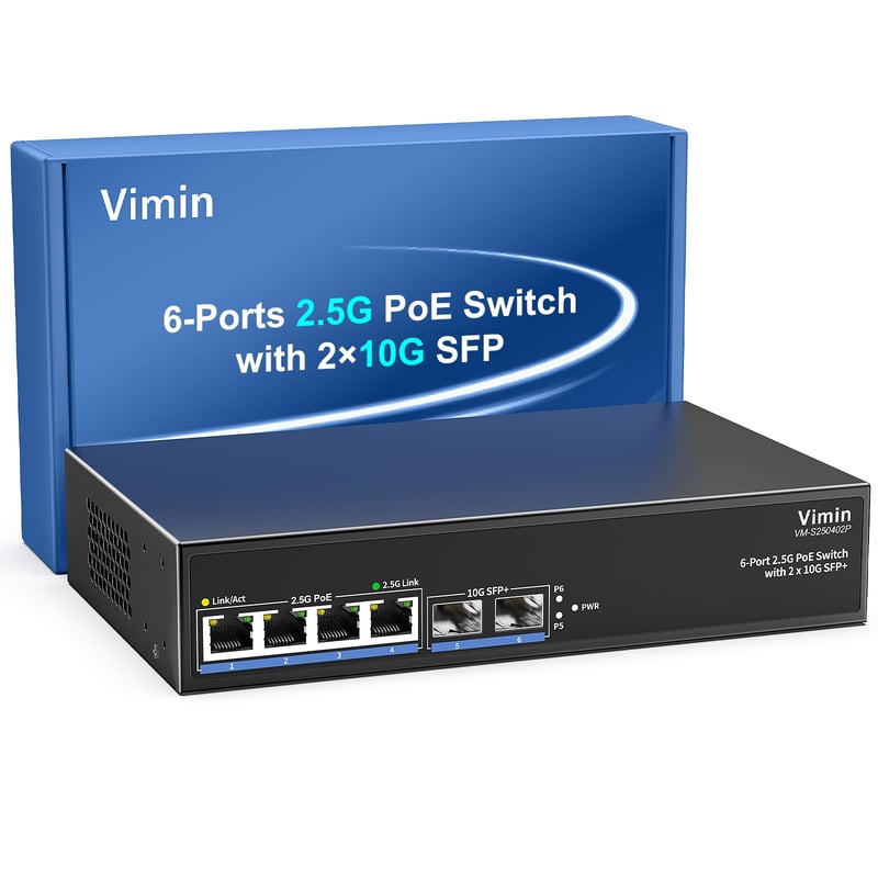 VIMIN 6-portni 2.5G PoE preklopnik - 4x 2.5GBase-T + 2x 10Gbps SFP+, 65W, 60Gbps