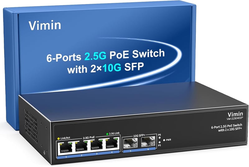 VIMIN 6 portos 2.5G PoE Switch, 4x 2.5GBase-T + 2x 10Gbps SFP, 60Gbps