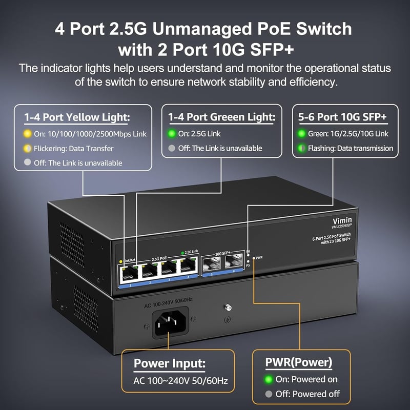 VIMIN 6 portos 2.5G PoE Switch, 4x 2.5GBase-T + 2x 10Gbps SFP, 60Gbps