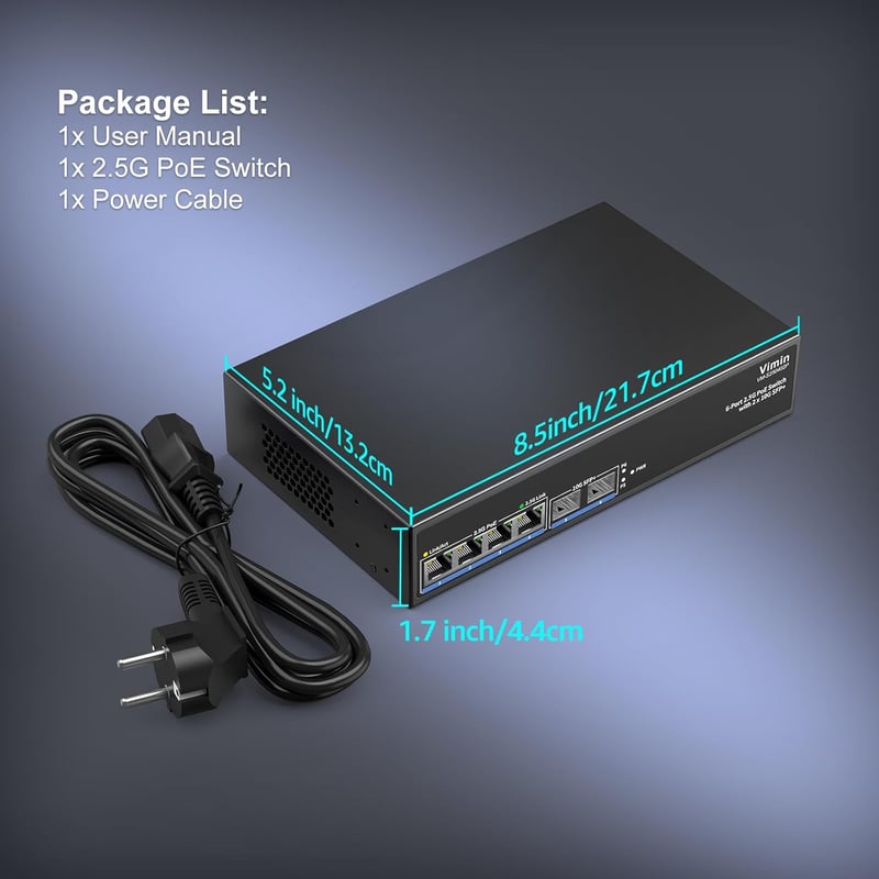 VIMIN 6 portos 2.5G PoE Switch, 4x 2.5GBase-T + 2x 10Gbps SFP, 60Gbps