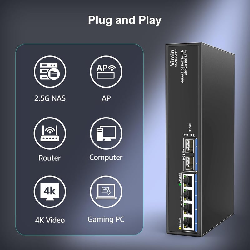 VIMIN 6 portos 2.5G PoE Switch, 4x 2.5GBase-T + 2x 10Gbps SFP, 60Gbps
