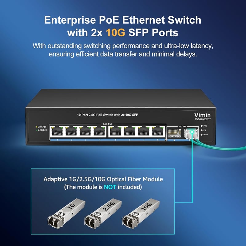 VIMIN 8 Portos 2.5G PoE Switch - 2x 10Gbps SFP Porttal, 130W, IEEE802.3af/at, VLAN Funkcióval, Fém Ház, Ventilátor Nélküli, 80Gbps Átviteli 