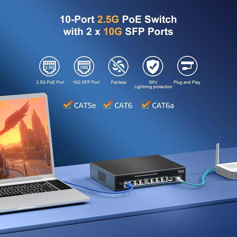 VIMIN 8 Portos 2.5G PoE Switch - 2x 10Gbps SFP Porttal, 130W, IEEE802.3af/at, VLAN Funkcióval, Fém Ház, Ventilátor Nélküli, 80Gbps Átviteli 
