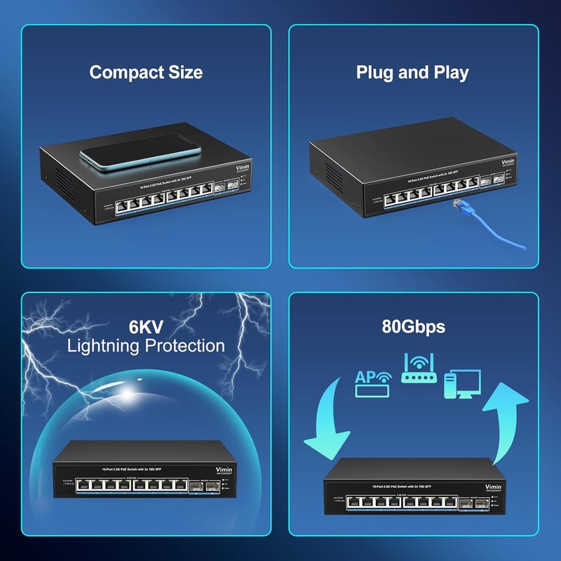 VIMIN 8 Portos 2.5G PoE Switch - 2x 10Gbps SFP Porttal, 130W, IEEE802.3af/at, VLAN Funkcióval, Fém Ház, Ventilátor Nélküli, 80Gbps Átviteli 