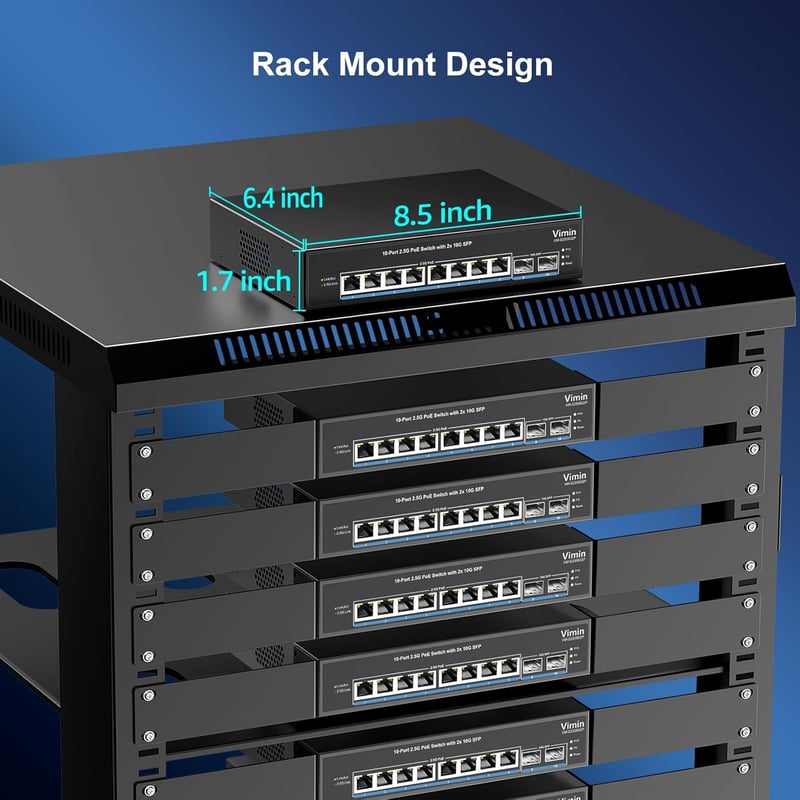 VIMIN 8 Portos 2.5G PoE Switch - 2x 10Gbps SFP Porttal, 130W, IEEE802.3af/at, VLAN Funkcióval, Fém Ház, Ventilátor Nélküli, 80Gbps Átviteli 