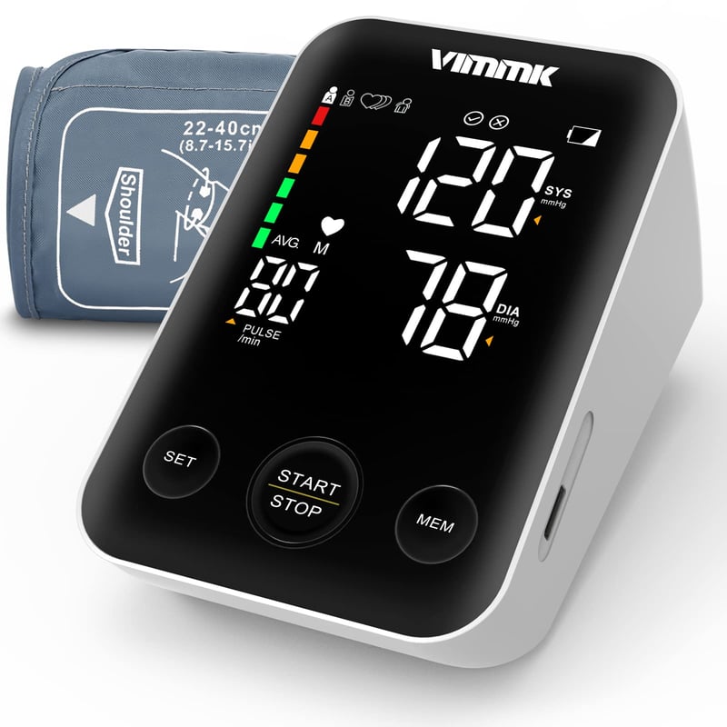 Tensiometru de braț Vimmk cu afișaj LED digital, detectarea aritmiei, monitorizarea pulsului, memorie 2x120, manșetă 22-40 cm