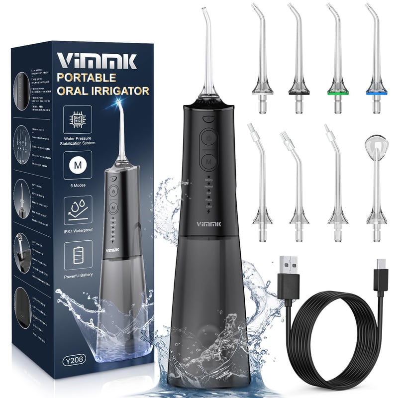 Duș bucal VIMMK, irigator dentar cu 5 moduri de presiune, 8 capete interschimbabile, rezistent la apă IPX7, reîncărcabil, rezervor de 300 ml, negru