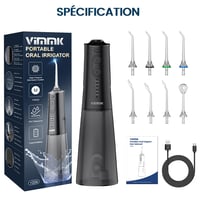 Duș bucal VIMMK, irigator dentar cu 5 moduri de presiune, 8 capete interschimbabile, rezistent la apă IPX7, reîncărcabil, rezervor de 300 ml, negru 8