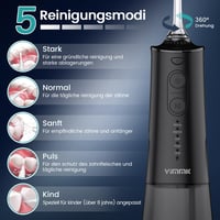 Vimmk bezdrôtová ústna sprcha, 5 režimov, 8 trysiek, USB-C nabíjateľná, IPX7 vodotesná, 300 ml nádržka na vodu, čierna 3