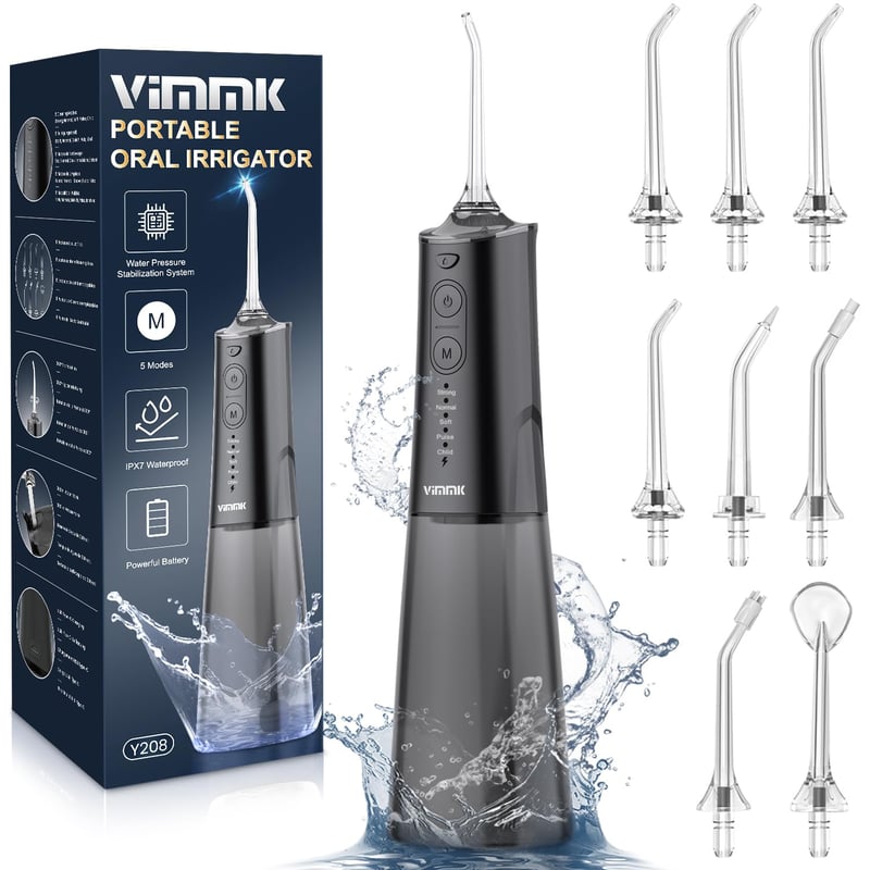 Vimmk bezdrôtová ústna sprcha, 5 režimov, 8 trysiek, USB-C nabíjateľná, IPX7 vodotesná, 300 ml nádržka na vodu, čierna