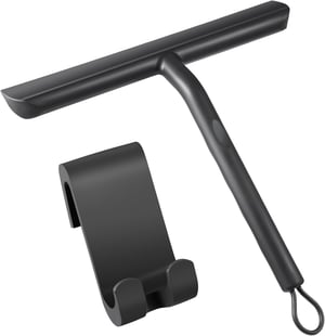 Racletă de duș din silicon Vinabo, negru, 21 cm, pentru ușă de sticlă, cu suport - Negru