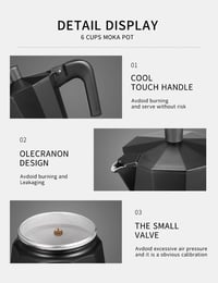 VINATO Alumínium Moka Pot 6 Csészés Kávéfőző Biztonsági Szeleppel Fekete 5