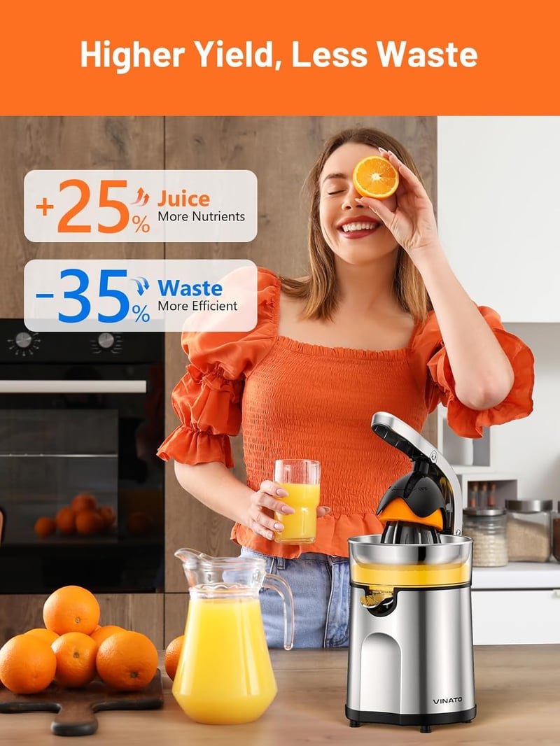 VINATO Elektromos Citrusprés Rozsdamentes Acél 2 Préskúppal Automatikus Narancsprés