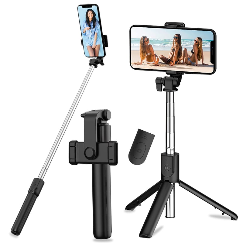 Vinmooog 3 v 1 statív na selfie tyč s Bluetooth diaľkovým ovládačom, 360° otočný teleskopický monopod, čierno-strieborný, 18 cm v zloženom stave, hliník