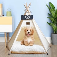 Vinnypet Tipi Sátor Macskáknak és Kutyáknak, Bézs Színű Háziállat Ház Plüss Párnával, Mosható Fedéllel, 50x50x60cm 6
