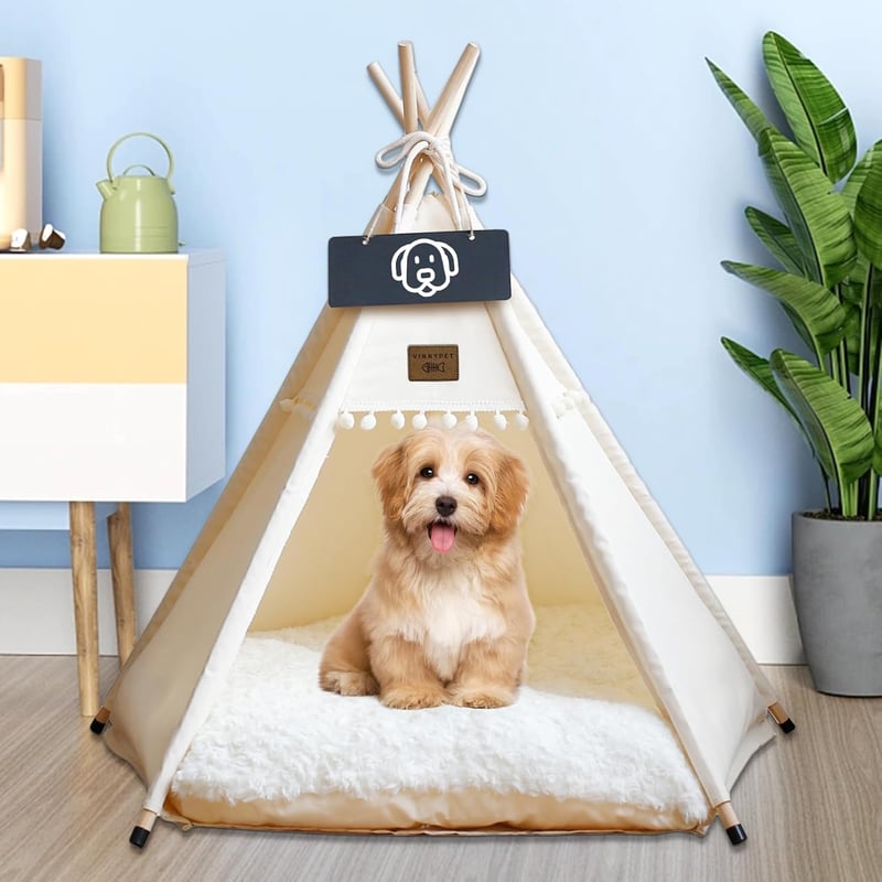 Vinnypet Tipi Sátor Macskáknak és Kutyáknak, Bézs Színű Háziállat Ház Plüss Párnával, Mosható Fedéllel, 50x50x60cm