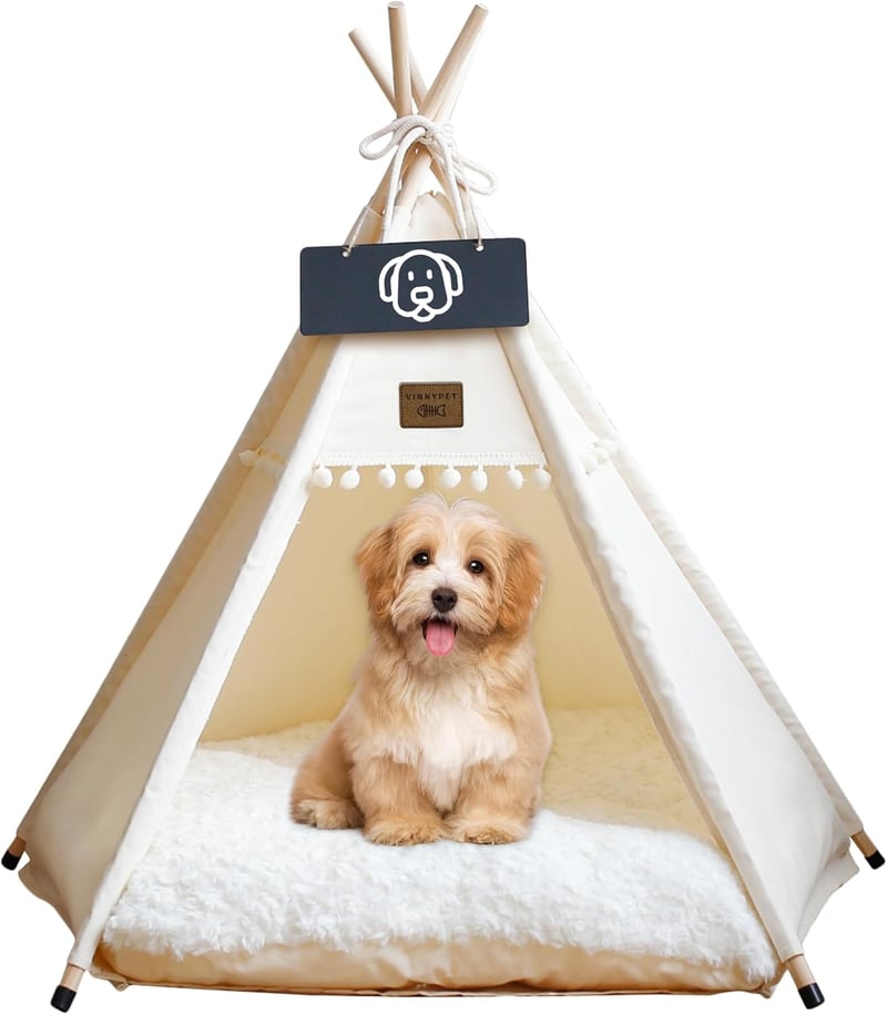 Vinnypet Tipi Sátor Macskáknak és Kutyáknak, Bézs Színű Háziállat Ház Plüss Párnával, Mosható Fedéllel, 50x50x60cm