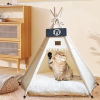 Vinnypet Tipi Sátor Macskáknak és Kutyáknak, Bézs Színű Háziállat Ház Plüss Párnával, Mosható Fedéllel, 50x50x60cm 4