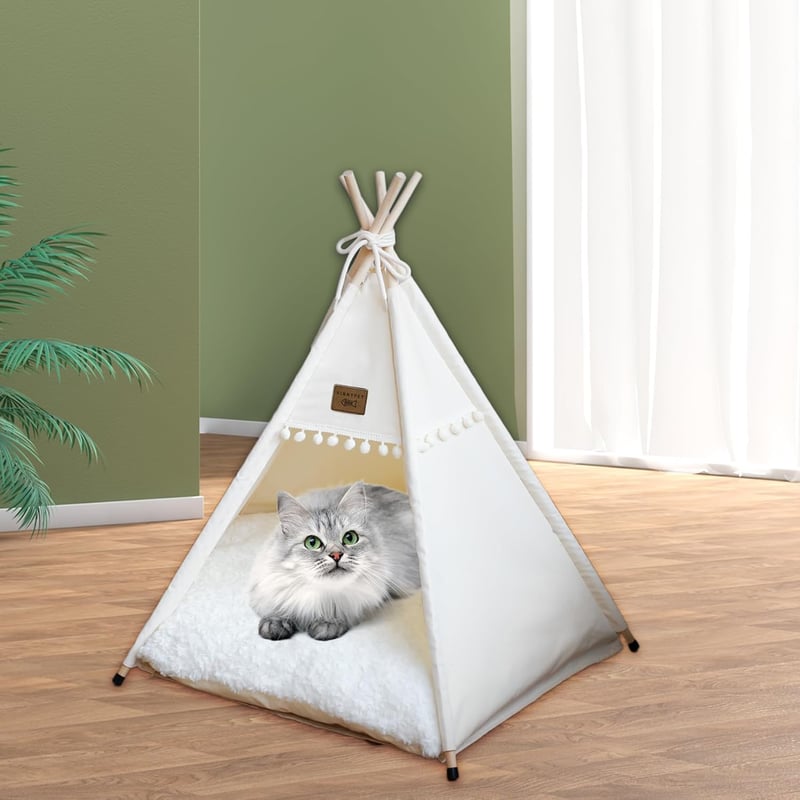Vinnypet Tipi Sátor Macskáknak és Kutyáknak, Bézs Színű Háziállat Ház Plüss Párnával, Mosható Fedéllel, 50x50x60cm
