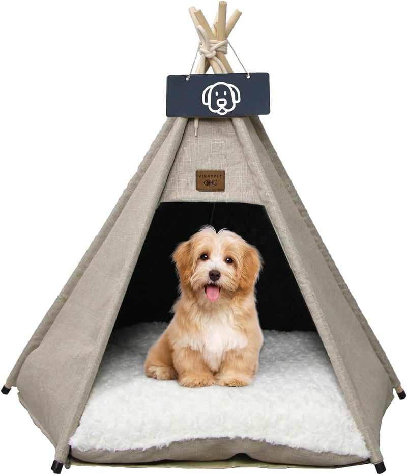 Vinnypet Tipi Sátor Macskáknak és Kutyáknak Plüss Párnával, Barna Színű Házi Kedvenc Ház 50x50x60cm, Mosható