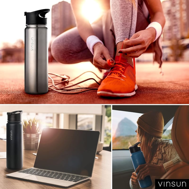 VINSUN rozsdamentes acél kulacs 500ml kék szivárvásmentes 3 fedővel