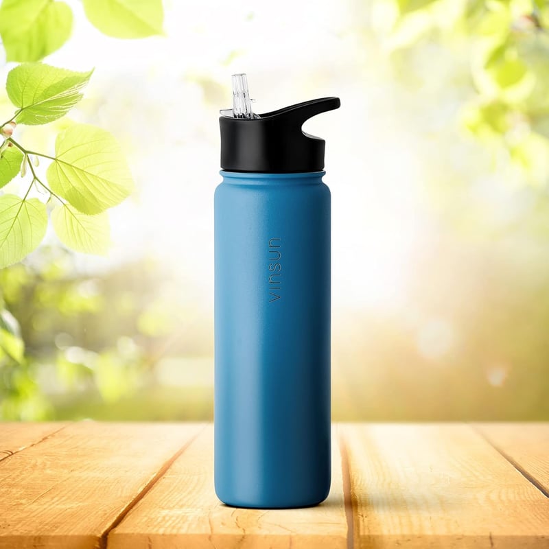 VINSUN rozsdamentes acél kulacs 500ml kék szivárvásmentes 3 fedővel
