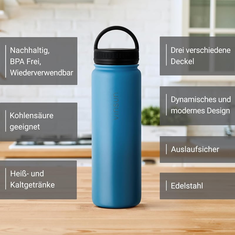 VINSUN rozsdamentes acél kulacs 500ml kék szivárvásmentes 3 fedővel