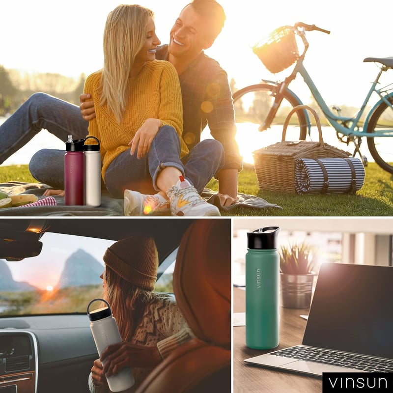 VINSUN rozsdamentes acél kulacs 500ml kék szivárvásmentes 3 fedővel