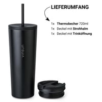 Termoska VINSUN so slamkou 720 ml – Nerezový izolovaný cestovný hrnček, nepriepustný, dvojstenný, čierny, na teplé a studené nápoje, s dvoma viečkami 2