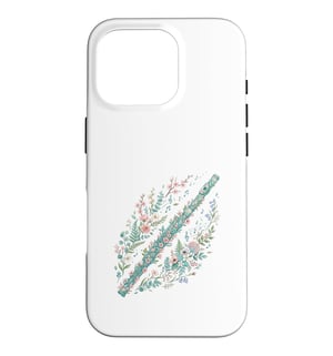Husă pentru iPhone 16 Pro cu design vintage de flaut transversal și flori, cu model de muzică clasică