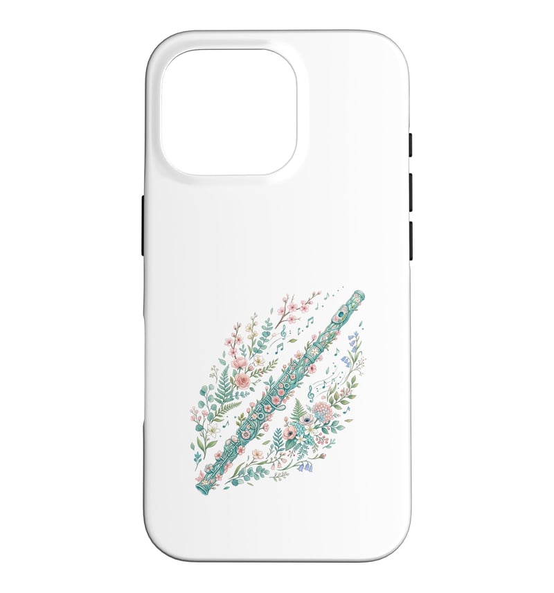 Husă pentru iPhone 16 Pro cu design vintage de flaut transversal și flori, cu model de muzică clasică