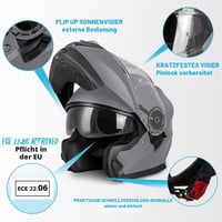 Cască moto modulară Vinz Santos, cu vizieră rabatabilă și ochelari de soare integrați, certificare ECE 22.06, pregătită pentru Pinlock, gri titan mat, mărimi XS-XXL, pentru bărbați și femei 2