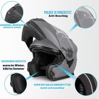 Cască moto modulară Vinz Santos, cu vizieră rabatabilă și ochelari de soare integrați, certificare ECE 22.06, pregătită pentru Pinlock, gri titan mat, mărimi XS-XXL, pentru bărbați și femei 3