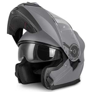 Cască moto modulară Vinz Santos cu vizieră rabatabilă, ochelari de soare integrați, omologare ECE 22.06 și pregătire Pinlock, gri titan mat, mărimi XS-XXL, cască moto pentru bărbați și femei