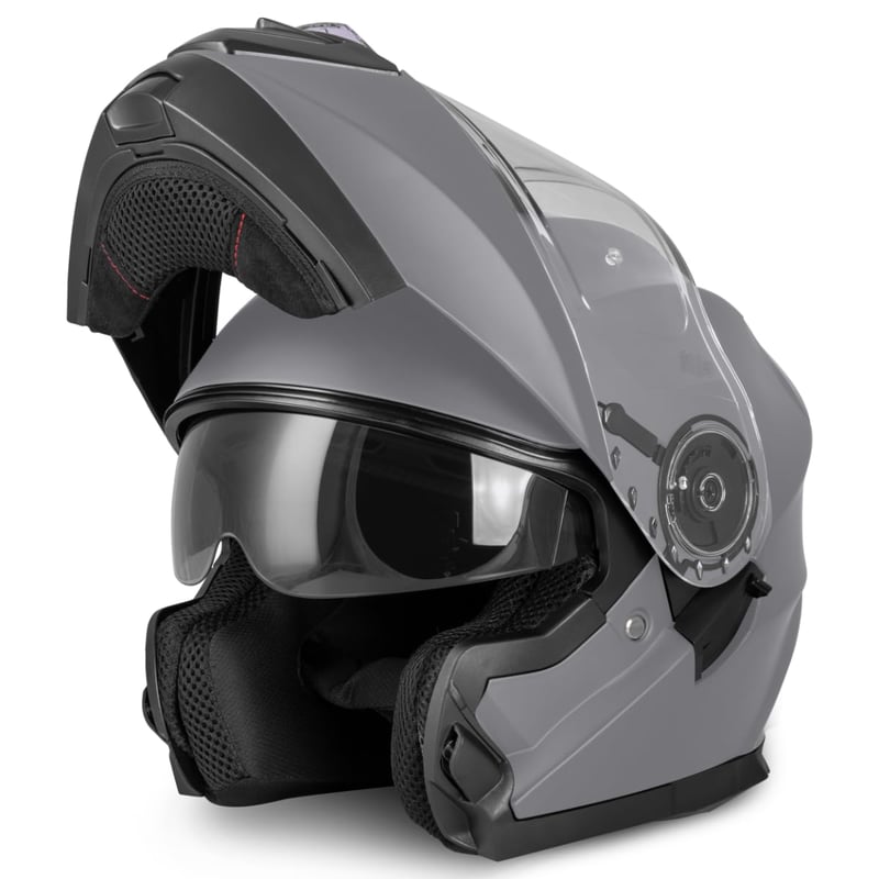 Cască moto modulară Vinz Santos, cu vizieră rabatabilă și ochelari de soare integrați, certificare ECE 22.06, pregătită pentru Pinlock, gri titan mat, mărimi XS-XXL, pentru bărbați și femei